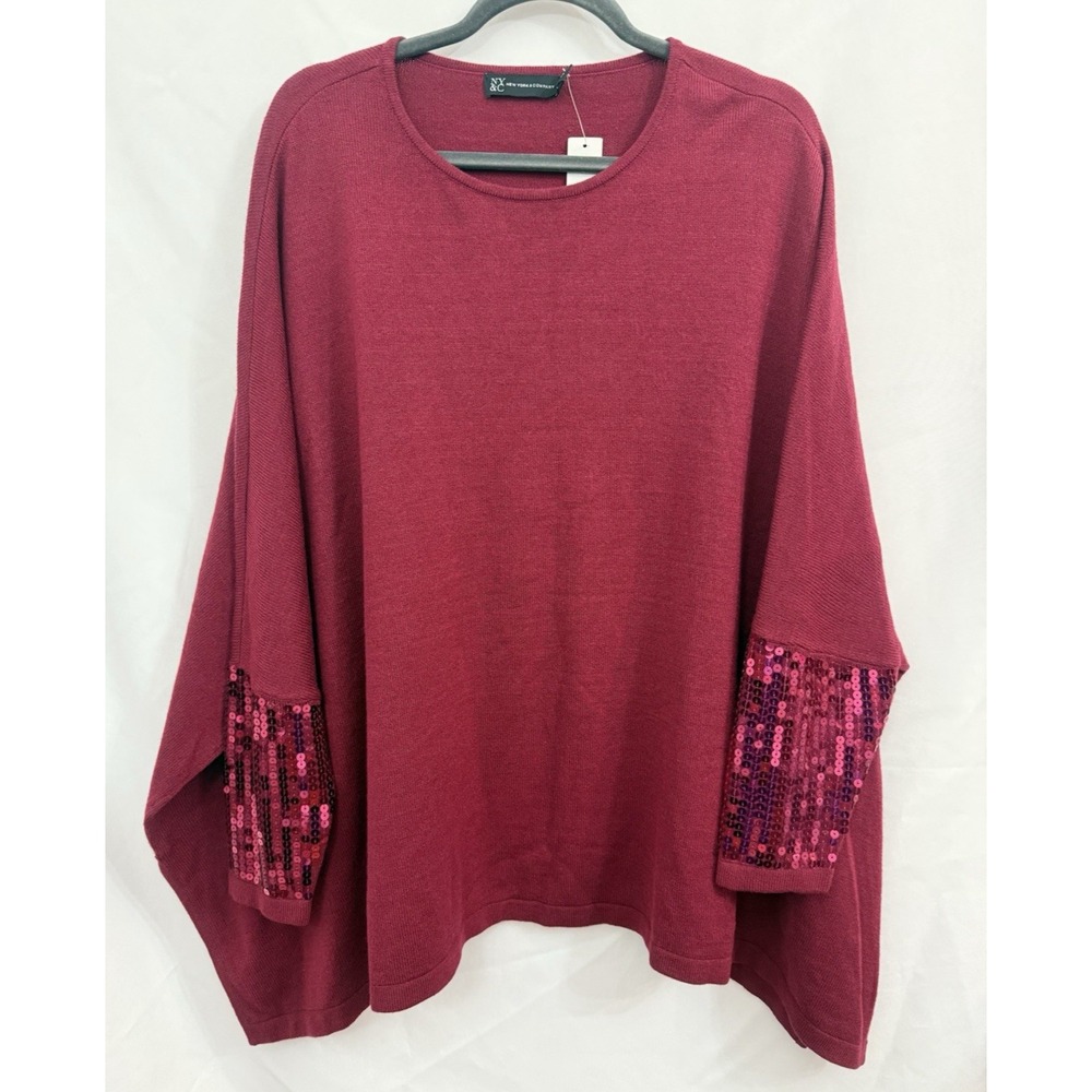 NWT‎ NY & Company Womens L Maroon Oversized Sweater Shawl Sequin Sleeves